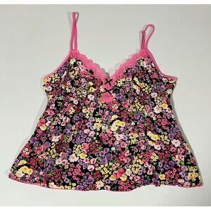 Studio Donatella Black Pink Ditzy Floral Lace Babydoll Tank Top Shirt Size S 🌸✨